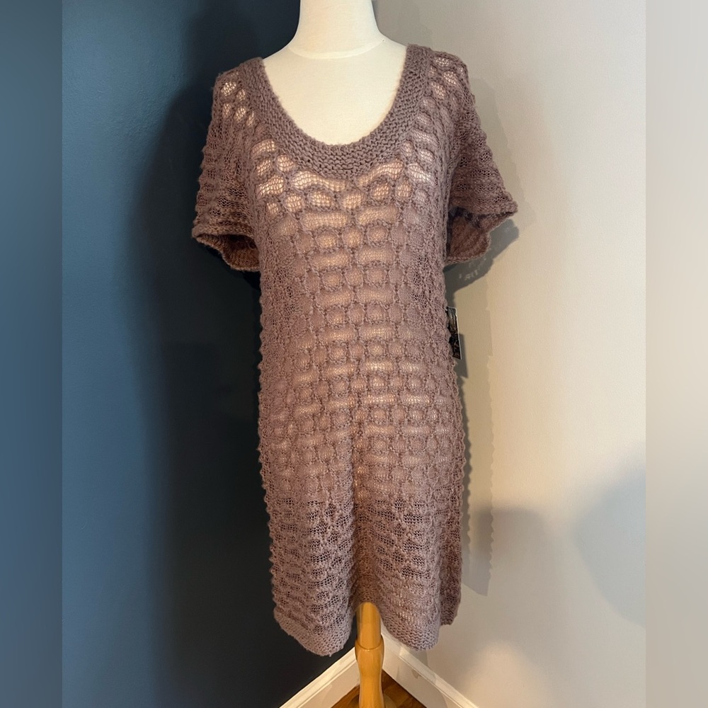 NWT Kimchi Blue Crochet Sweater Dress Mauve Open Knit Scoop Neck Short Sleeve